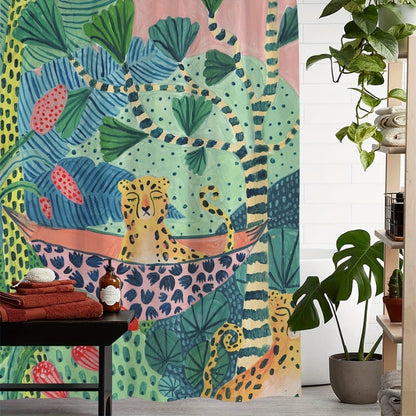 Waterproof Jungle Leopard Shower Curtain with 12 Hooks, Bohemian Bathroom Decor, 150x180cm V1188-MS-325-0329