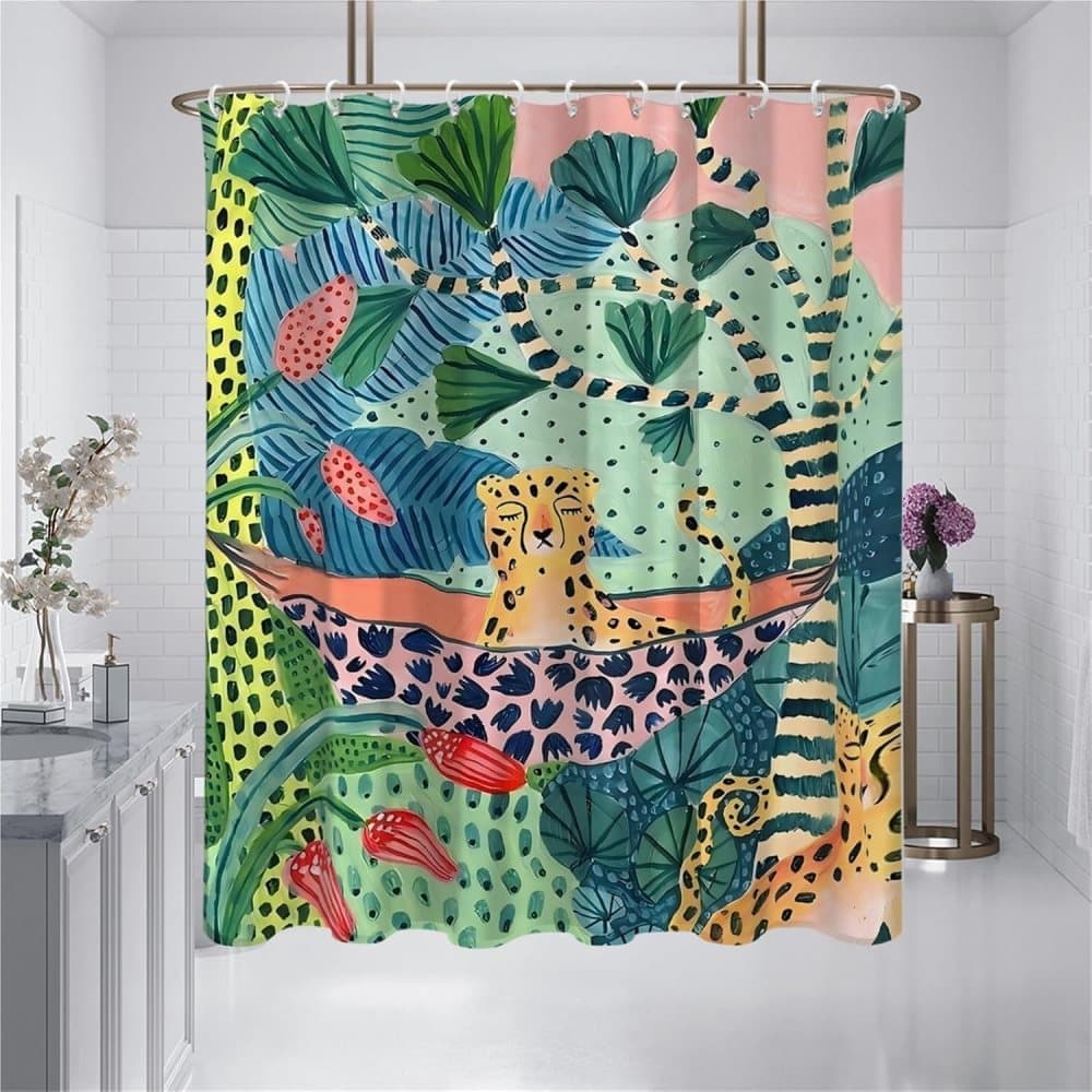 Waterproof Jungle Leopard Shower Curtain with 12 Hooks, Bohemian Bathroom Decor, 150x180cm V1188-MS-325-0329