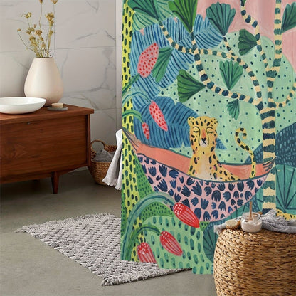 Waterproof Jungle Leopard Shower Curtain with 12 Hooks, Bohemian Bathroom Decor, 150x180cm V1188-MS-325-0329