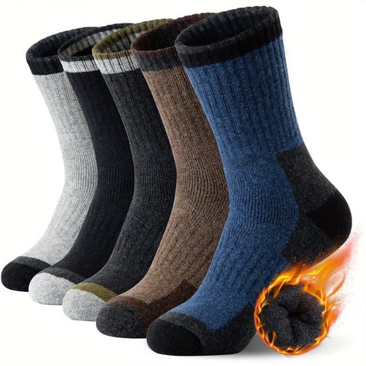 5-Pack Men's Merino Wool Hiking Socks, Moisture-Absorbing Terry, Warm Thick Winter Boot Socks, Mid-High V1188-MS-325-0349