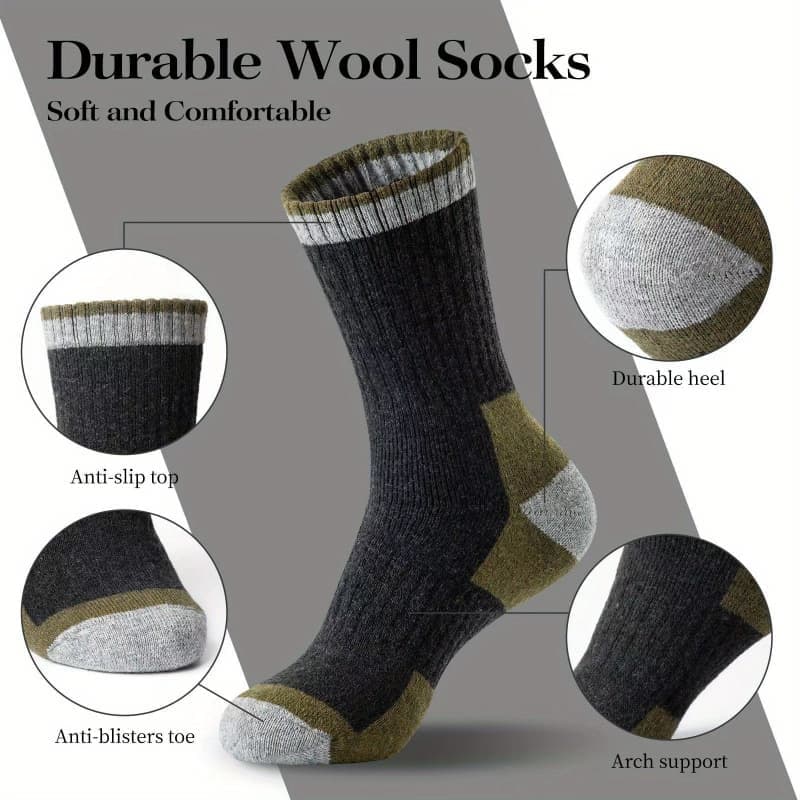 5-Pack Men's Merino Wool Hiking Socks, Moisture-Absorbing Terry, Warm Thick Winter Boot Socks, Mid-High V1188-MS-325-0349