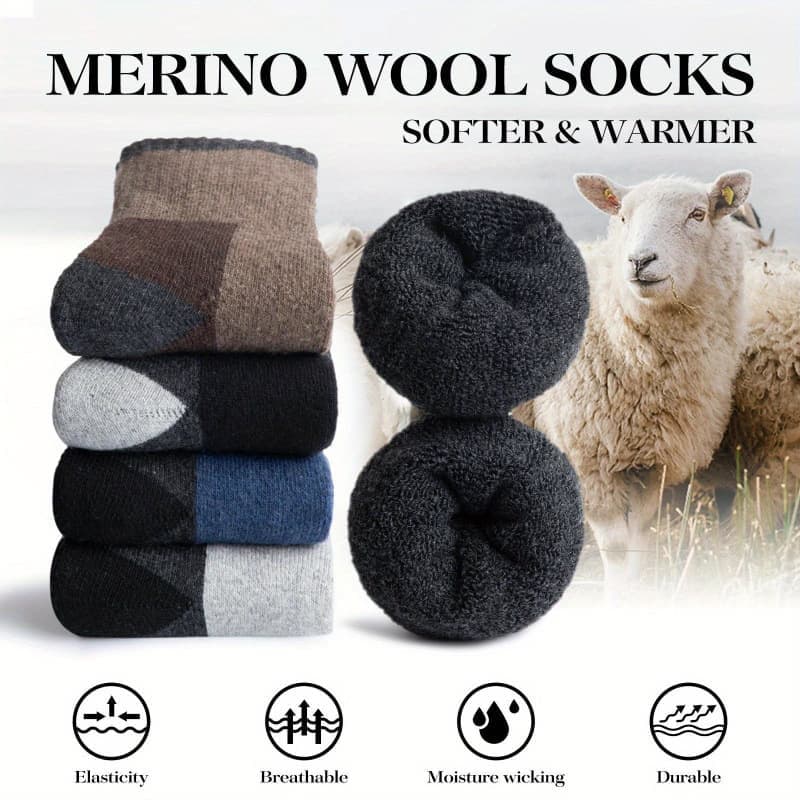5-Pack Men's Merino Wool Hiking Socks, Moisture-Absorbing Terry, Warm Thick Winter Boot Socks, Mid-High V1188-MS-325-0349