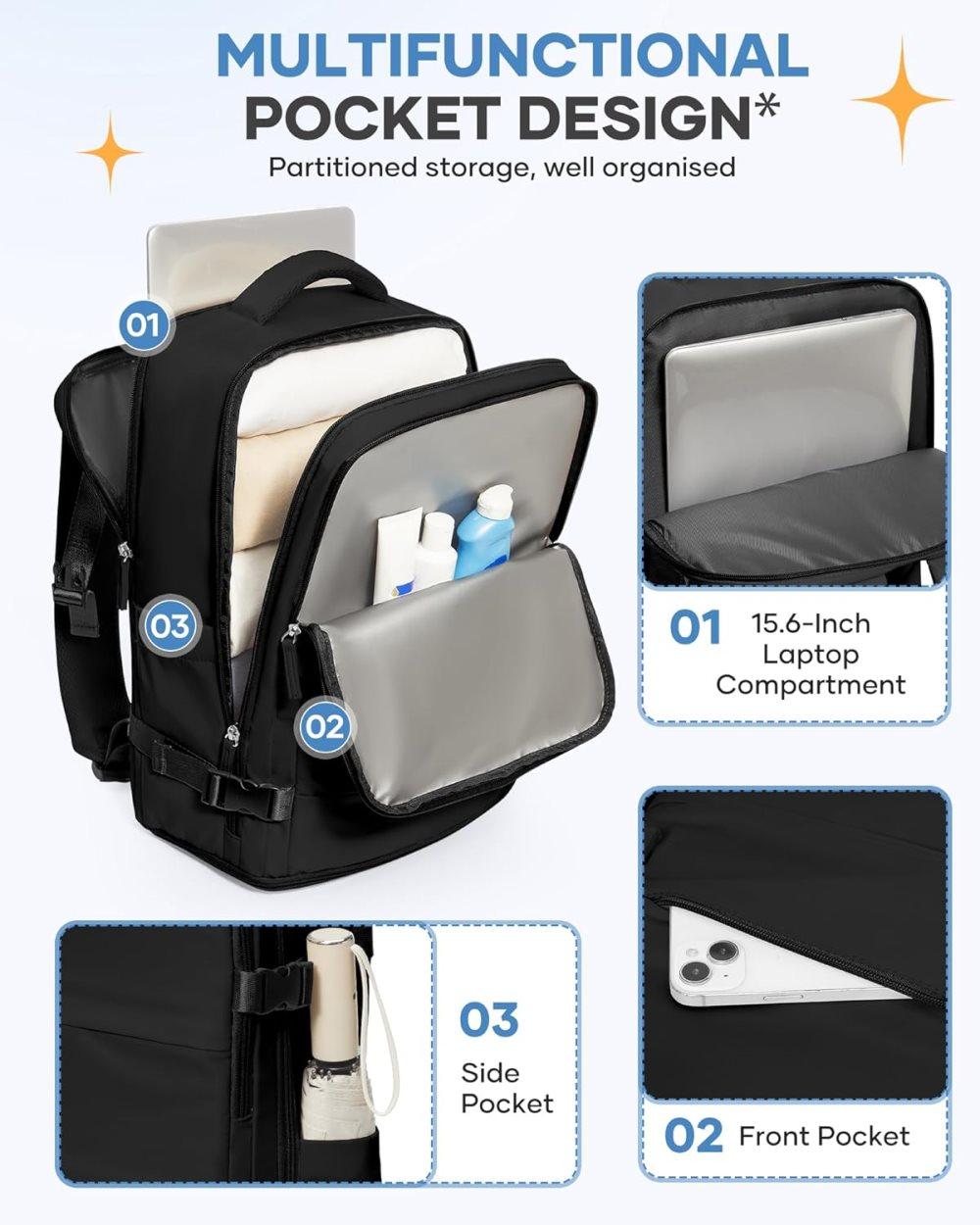 Travel Backpack 42 x 30 x 20 cm, Black, Cabin Bag with Dry and Wet Sorting V1188-MS-325-0353