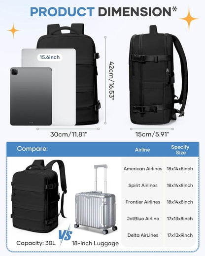 Travel Backpack 42 x 30 x 20 cm, Black, Cabin Bag with Dry and Wet Sorting V1188-MS-325-0353