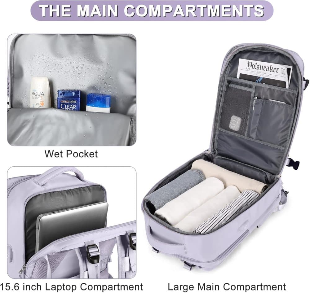 Purple Travel Backpack Cabin Bag with Dry Wet Sorting, 42 x 30 x 20 cm V1188-MS-325-0354