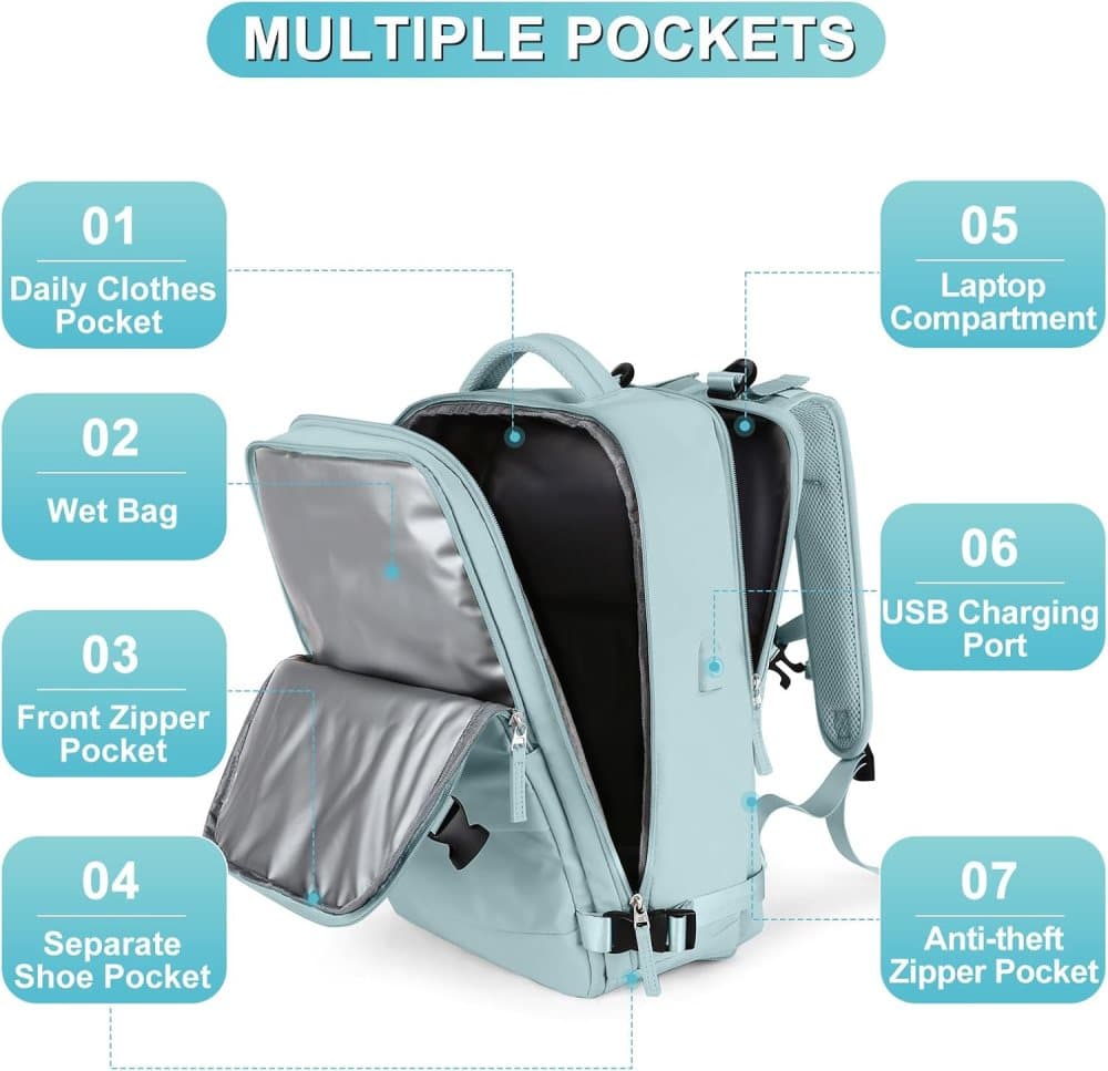 Blue Travel Backpack Cabin Bag with Dry Wet Sorting, 42 x 30 x 20 cm V1188-MS-325-0356