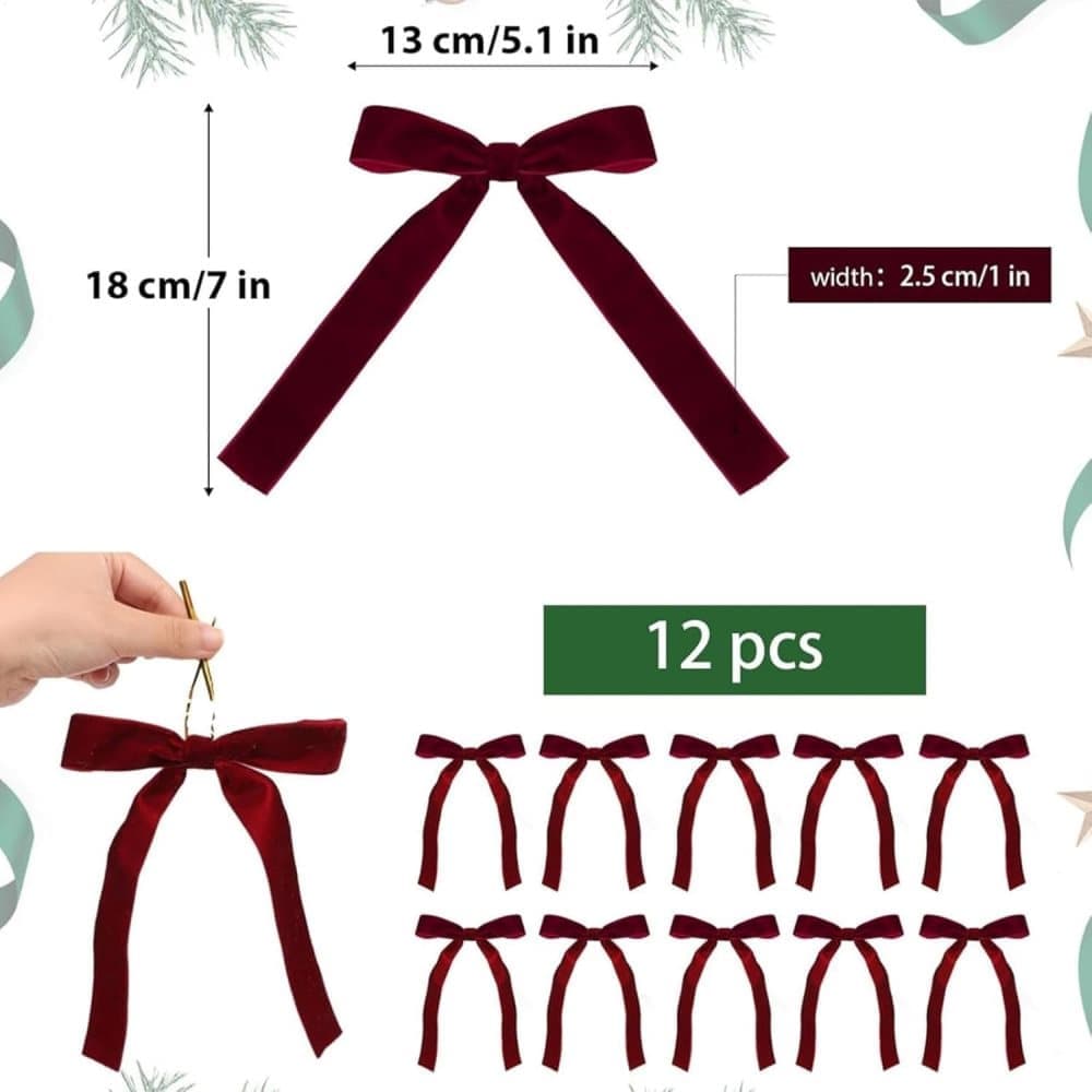 12 Christmas Bows for Tree, Velvet in Burgundy V1188-MS-325-0374