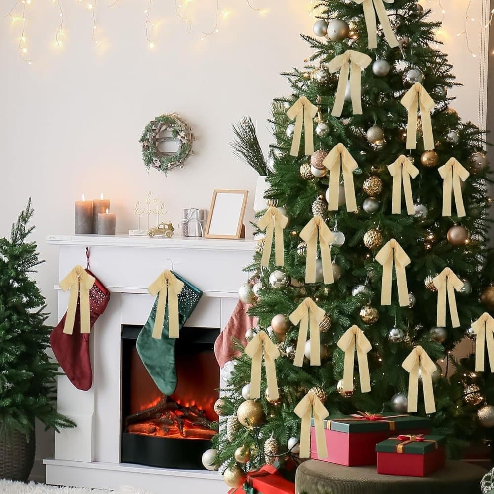12 Christmas Bows Velvet Tree Decorations in Beige, 6-inch V1188-MS-325-0375
