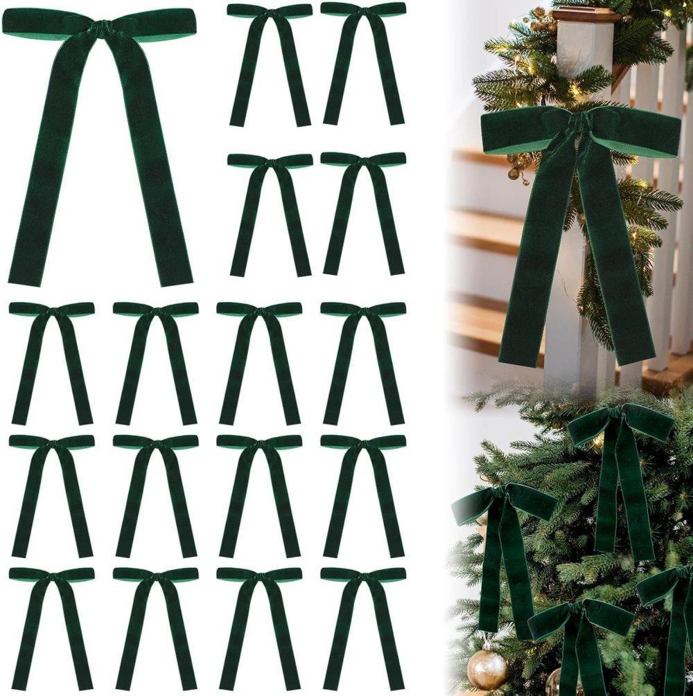 12 Christmas Bows Velvet Tree Decorations in Dark Green V1188-MS-325-0377