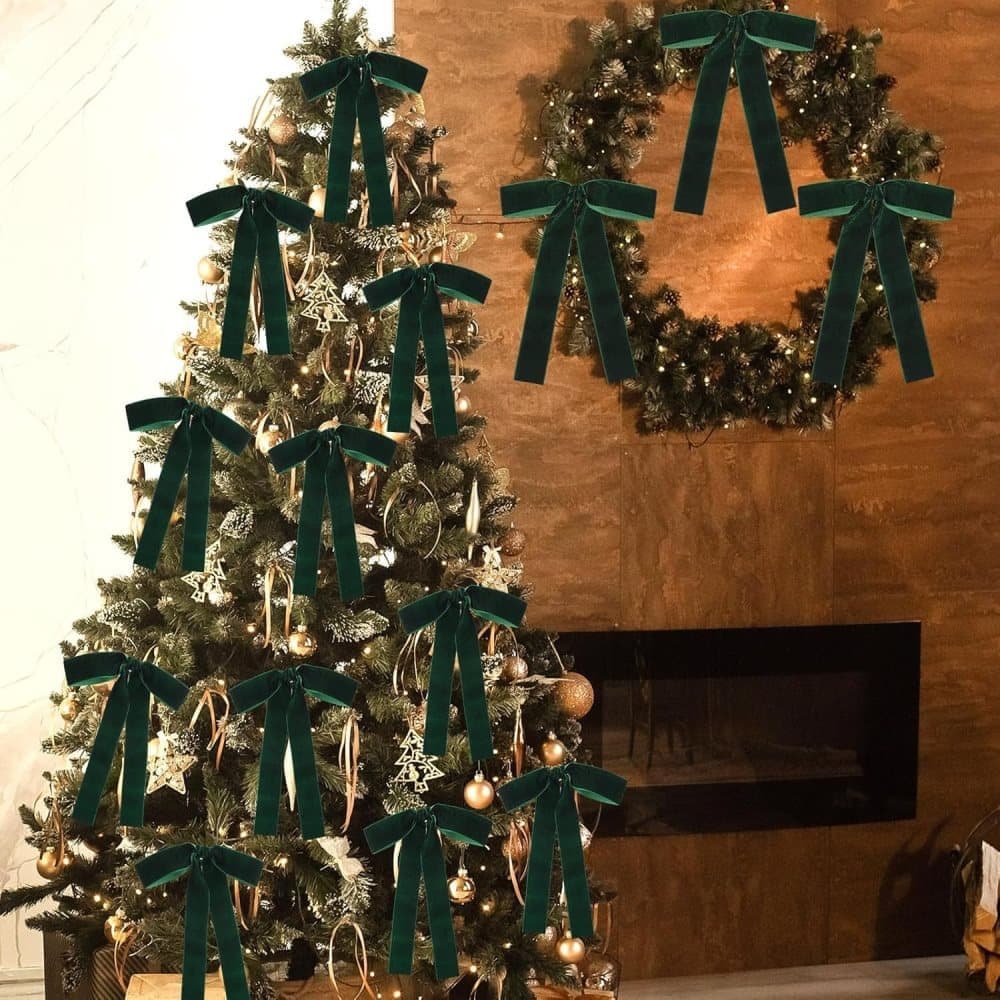 12 Christmas Bows Velvet Tree Decorations in Dark Green V1188-MS-325-0377