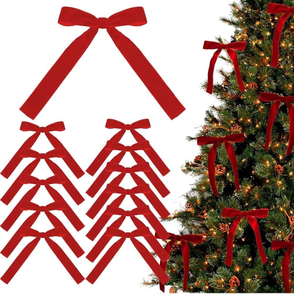 12 Christmas Bows Velvet Tree Decorations, Red V1188-MS-325-0378