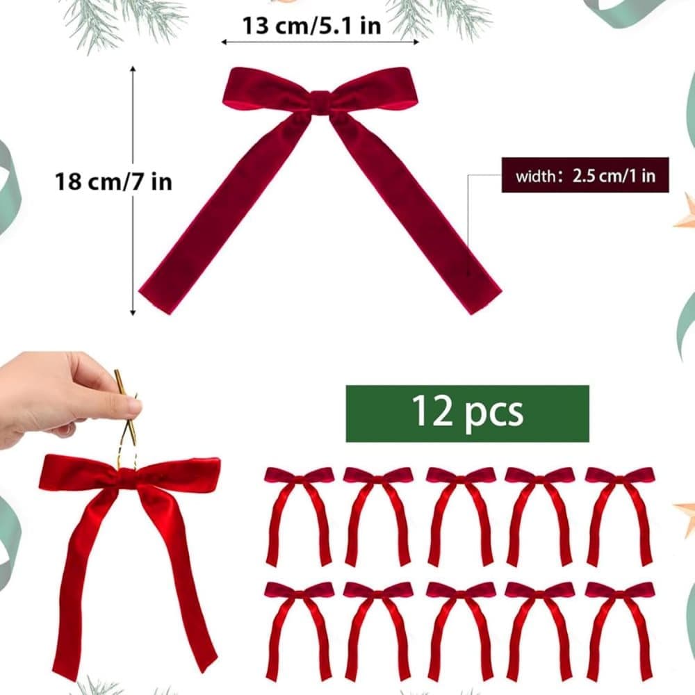 12 Christmas Bows Velvet Tree Decorations, Red V1188-MS-325-0378