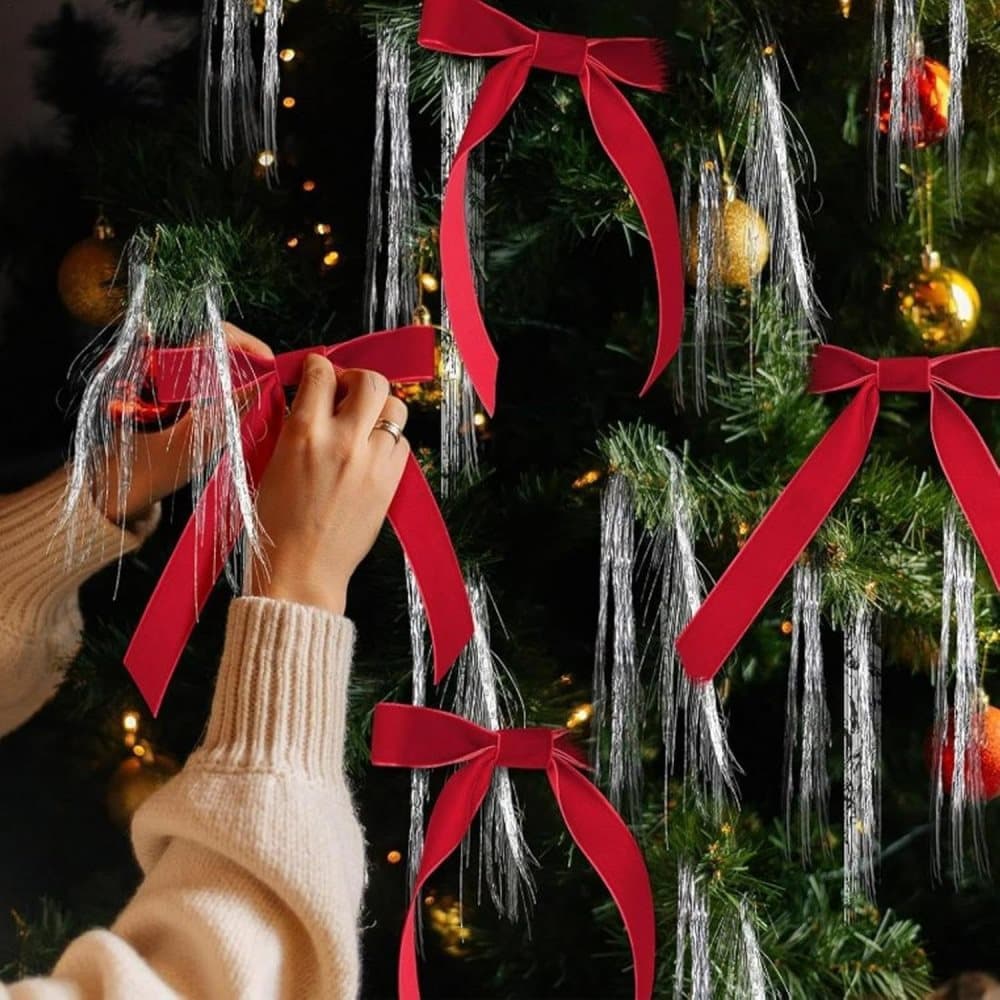 12 Christmas Bows Velvet Tree Decorations, Red V1188-MS-325-0378