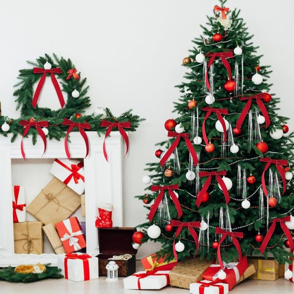 12 Christmas Bows Velvet Tree Decorations, Red V1188-MS-325-0378