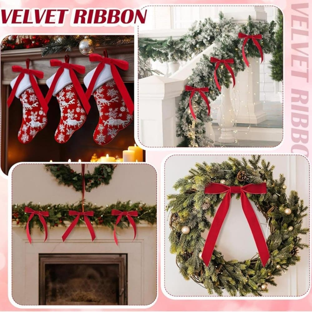 12 Christmas Bows Velvet Tree Decorations, Red V1188-MS-325-0378