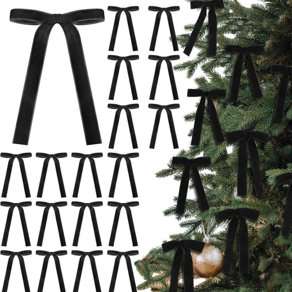 12 Christmas Bows Velvet Tree Decorations in Black, 6 inches V1188-MS-325-0379