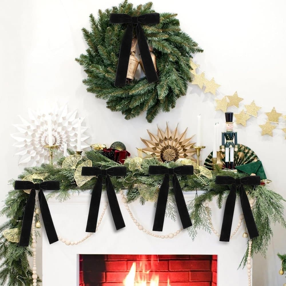 12 Christmas Bows Velvet Tree Decorations in Black, 6 inches V1188-MS-325-0379