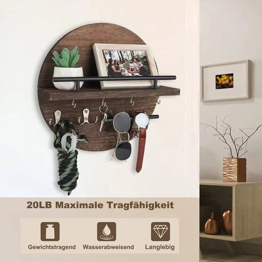 Wooden Key Holder with Storage Tray and Hooks for Hallway Corridor Bedroom Office, Brown V1188-MS-325-0474
