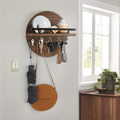 Wooden Key Holder with Storage Tray and Hooks for Hallway Corridor Bedroom Office, Brown V1188-MS-325-0474