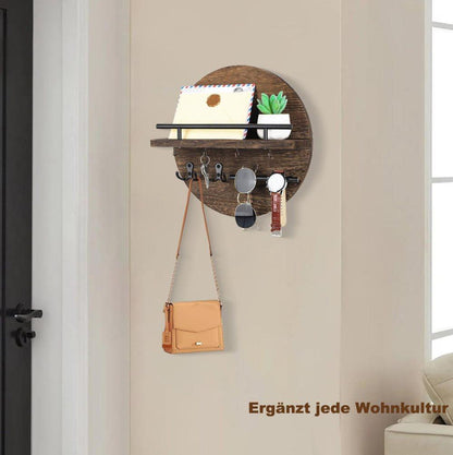 Wooden Key Holder with Storage Tray and Hooks for Hallway Corridor Bedroom Office, Brown V1188-MS-325-0474