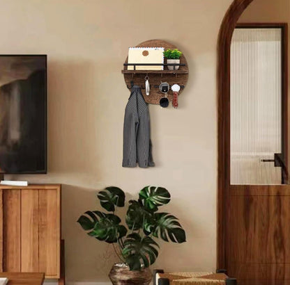Wooden Key Holder with Storage Tray and Hooks for Hallway Corridor Bedroom Office, Brown V1188-MS-325-0474