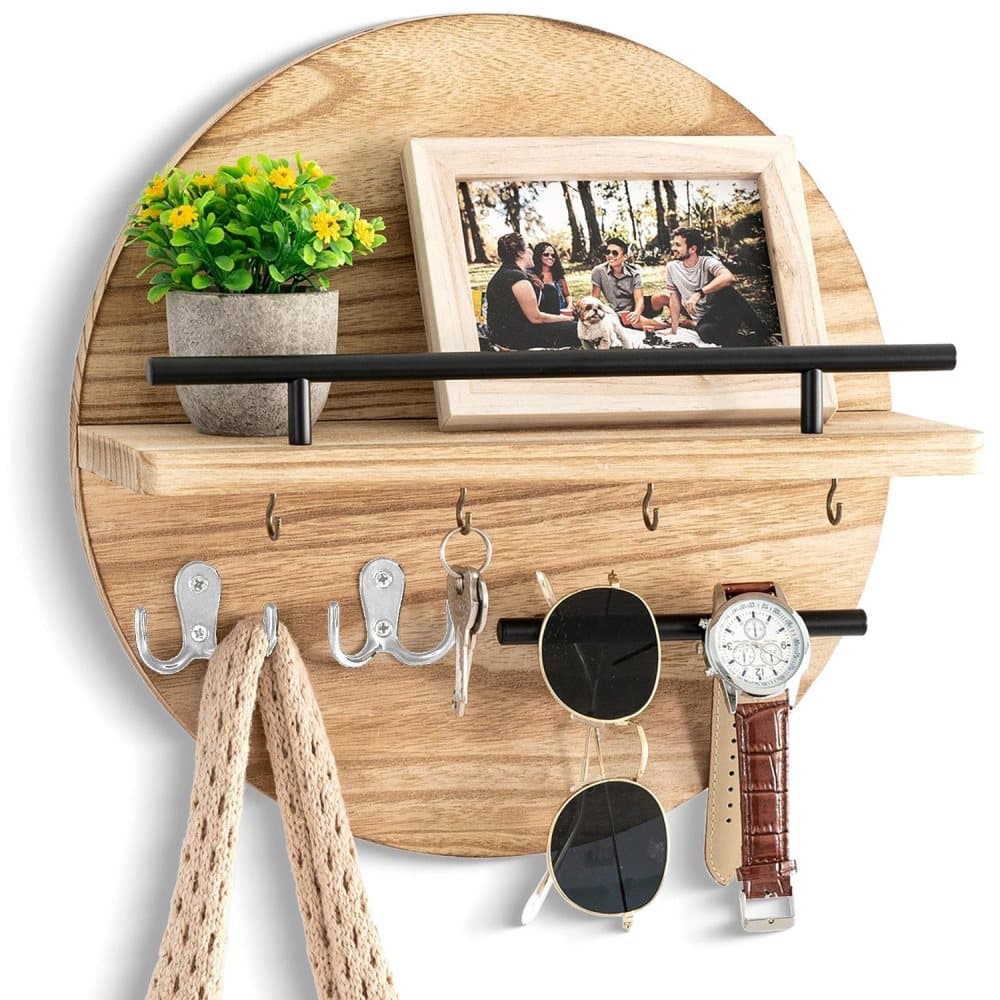 Wooden Key Holder with Storage Tray and Hooks for Hallway Corridor Bedroom Office, Light Brown V1188-MS-325-0476
