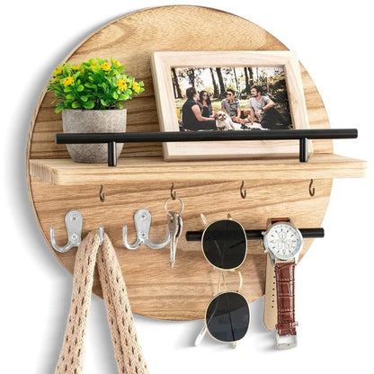 Wooden Key Holder with Storage Tray and Hooks for Hallway Corridor Bedroom Office, Light Brown V1188-MS-325-0476