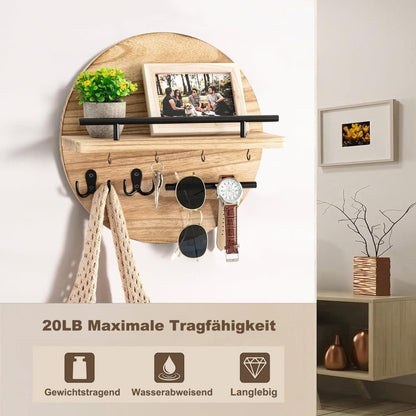 Wooden Key Holder with Storage Tray and Hooks for Hallway Corridor Bedroom Office, Light Brown V1188-MS-325-0476