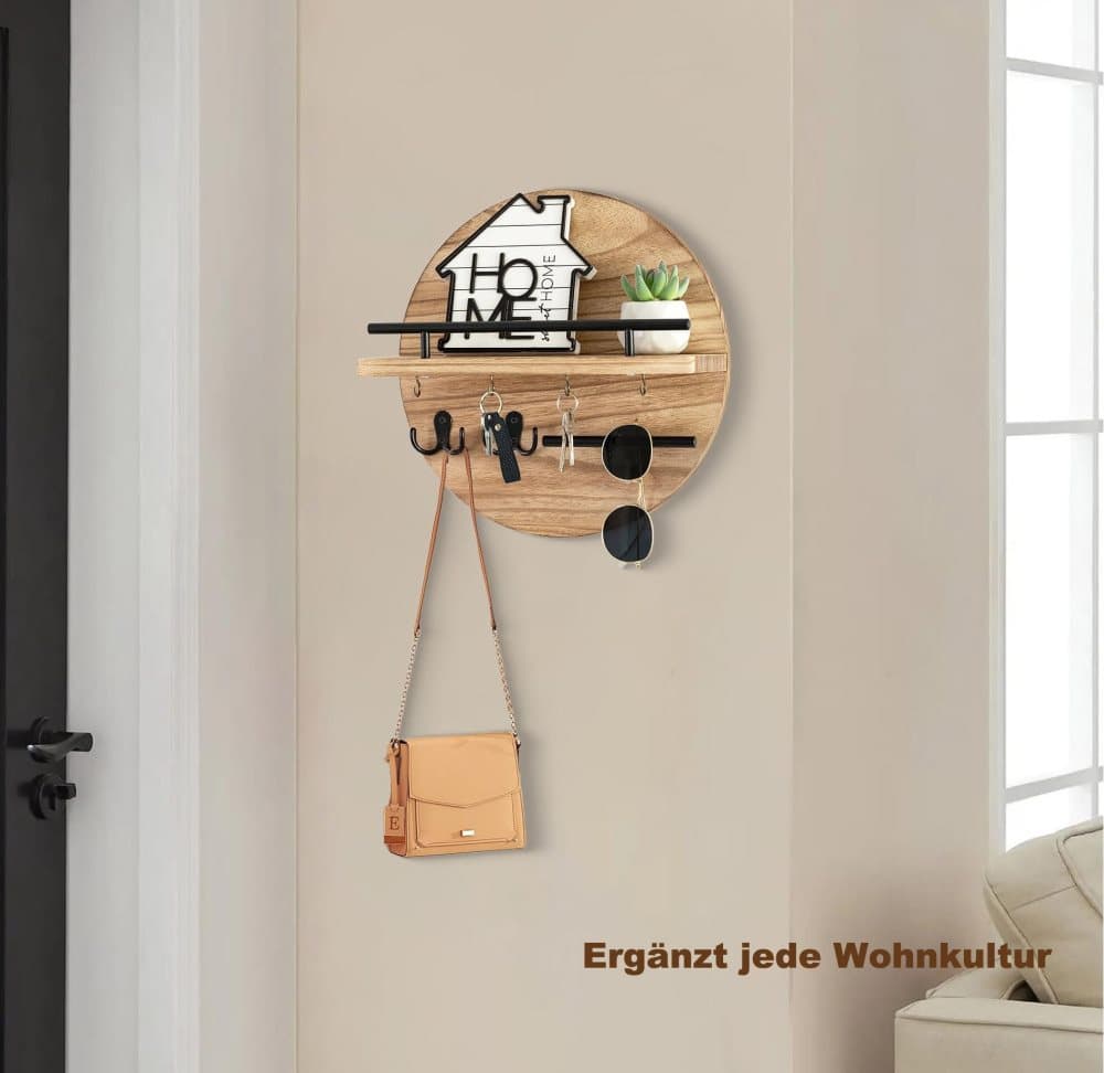 Wooden Key Holder with Storage Tray and Hooks for Hallway Corridor Bedroom Office, Light Brown V1188-MS-325-0476