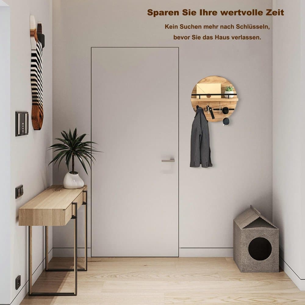 Wooden Key Holder with Storage Tray and Hooks for Hallway Corridor Bedroom Office, Light Brown V1188-MS-325-0476
