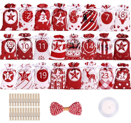 24 Christmas Calendar Bags, DIY Advent Calendar with Hanging Bags, Reusable for Christmas Gifts, Red V1188-MS-325-0497