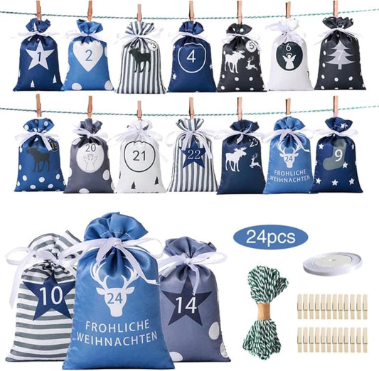 24 Christmas Calendar Bags, DIY Advent Calendar with Hanging Bags, Reusable Christmas Gifts, Blue V1188-MS-325-0499