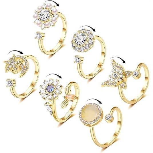 6 pcs Rotatable Antistress Fidget Spinner Rings, Gold V1188-MS-325-0536
