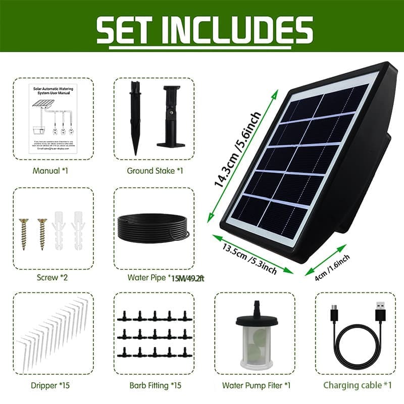 15m Solar Irrigation System with Timer, Automatic Drip Kit, Anti-Siphon, for Garden Greenhouse Vegetables V1188-MS-325-0541