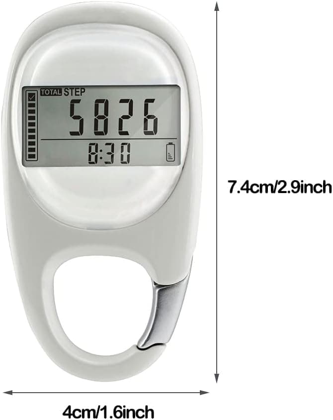 3D Pedometer with LED Display for Running and Walking, Portable Step Counter with Climbing Carabiners, White V1188-MS-325-0542
