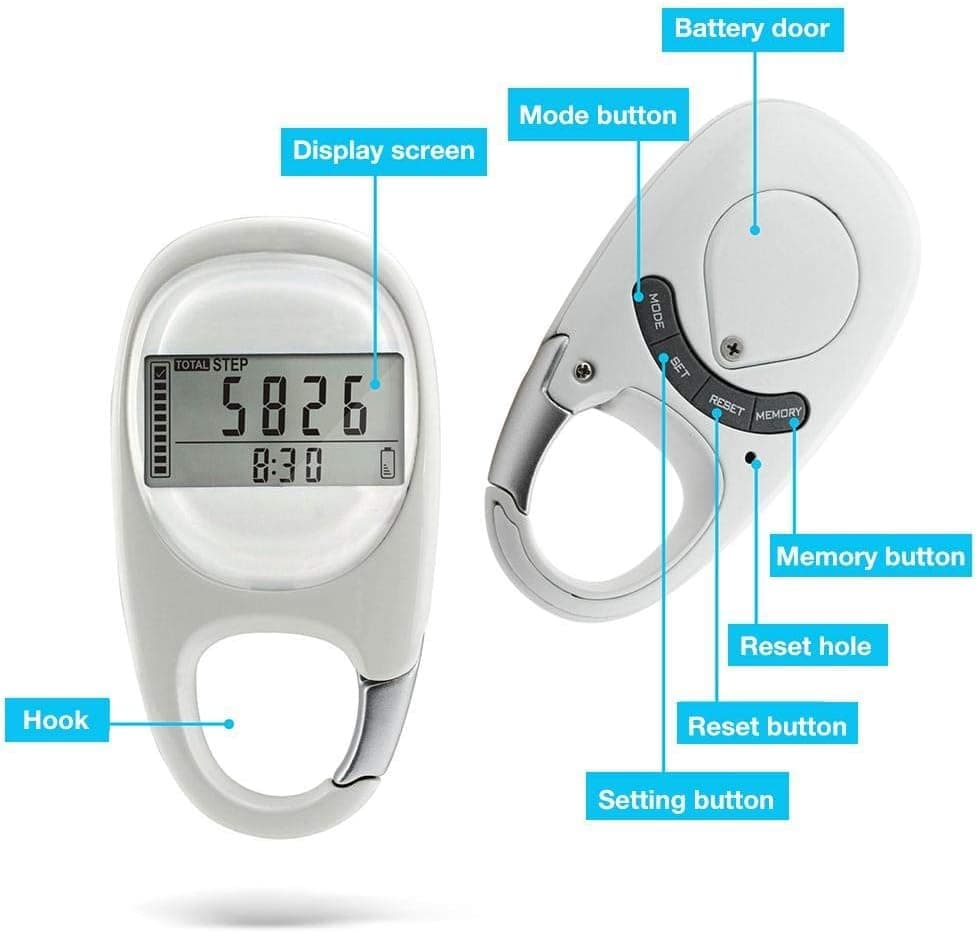 3D Pedometer with LED Display for Running and Walking, Portable Step Counter with Climbing Carabiners, White V1188-MS-325-0542