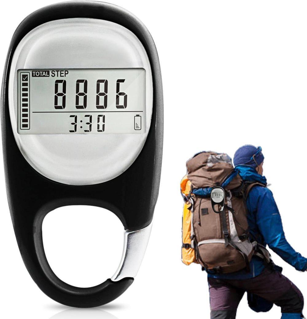 3D Pedometer with LED Display for Running and Walking, Portable Step Counter with Climbing Carabiners, Black V1188-MS-325-0543