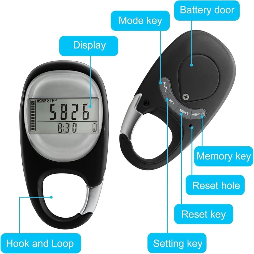 3D Pedometer with LED Display for Running and Walking, Portable Step Counter with Climbing Carabiners, Black V1188-MS-325-0543