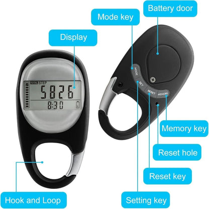 3D Pedometer with LED Display for Running and Walking, Portable Step Counter with Climbing Carabiners, Black V1188-MS-325-0543