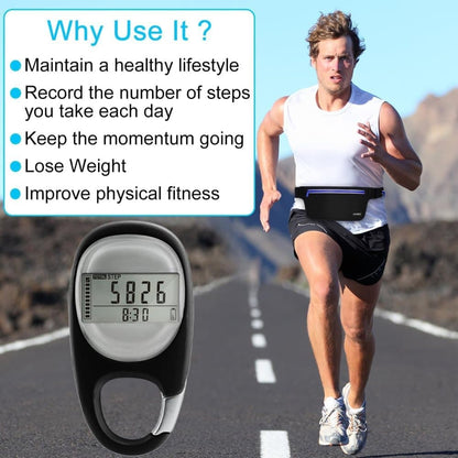 3D Pedometer with LED Display for Running and Walking, Portable Step Counter with Climbing Carabiners, Black V1188-MS-325-0543