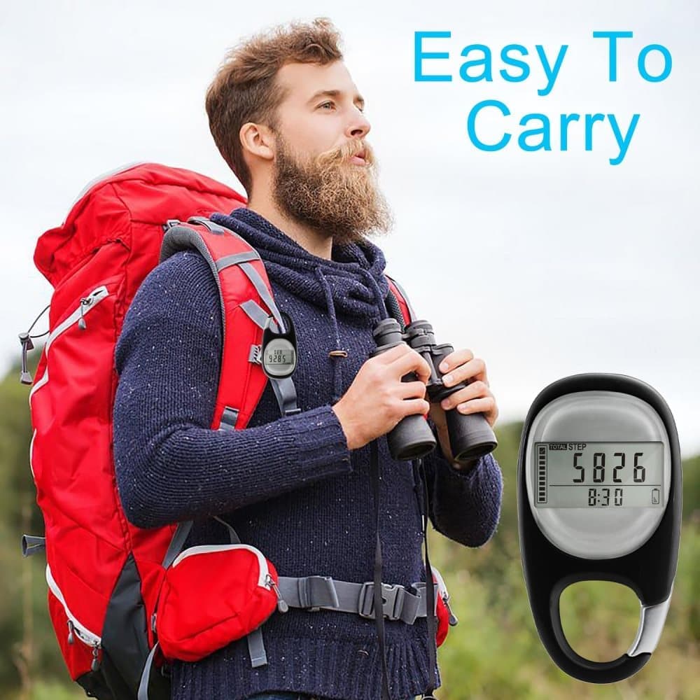 3D Pedometer with LED Display for Running and Walking, Portable Step Counter with Climbing Carabiners, Black V1188-MS-325-0543