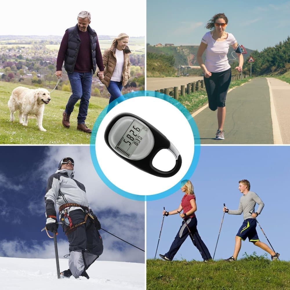 3D Pedometer with LED Display for Running and Walking, Portable Step Counter with Climbing Carabiners, Black V1188-MS-325-0543