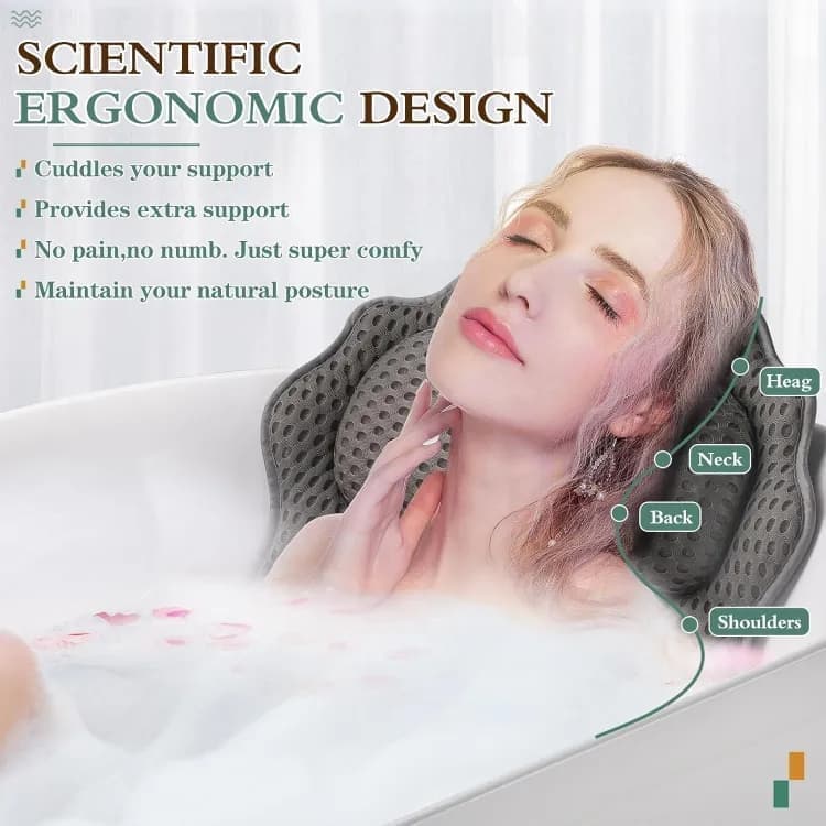 6-Pack Ergonomic Bathtub Pillow with 6 Strong Suction Cups, Support for Head Neck Shoulders & Back, 4D V1188-MS-325-0554