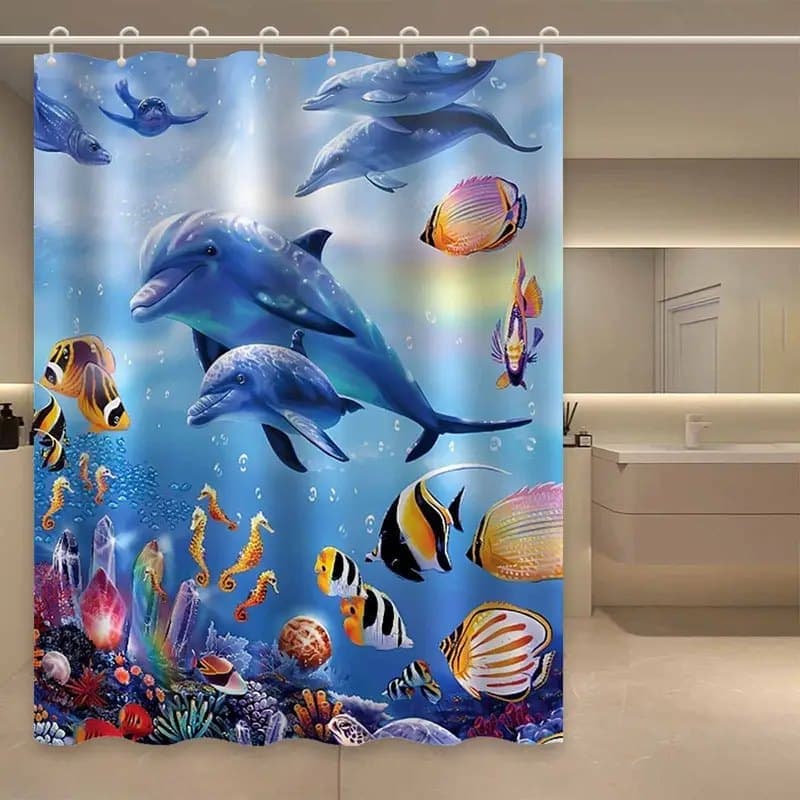 Waterproof Dolphin Shower Curtain, Mildew Resistant Bathroom Decor with Dolphin Design, 71x72 inches V1188-MS-325-0555