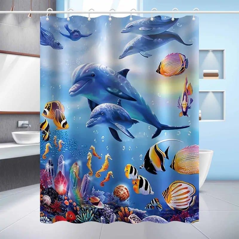 Waterproof Dolphin Shower Curtain, Mildew Resistant Bathroom Decor with Dolphin Motif, 150x180cm V1188-MS-325-0556