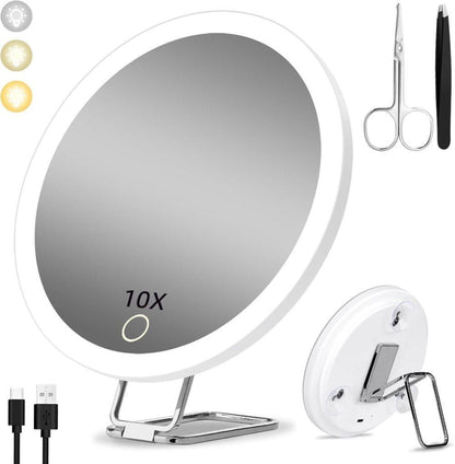 10X LED makeup mirror with lighting, 360 degrees rotatable dimmable with 3 light modes and magnification, V1188-MS-325-0638