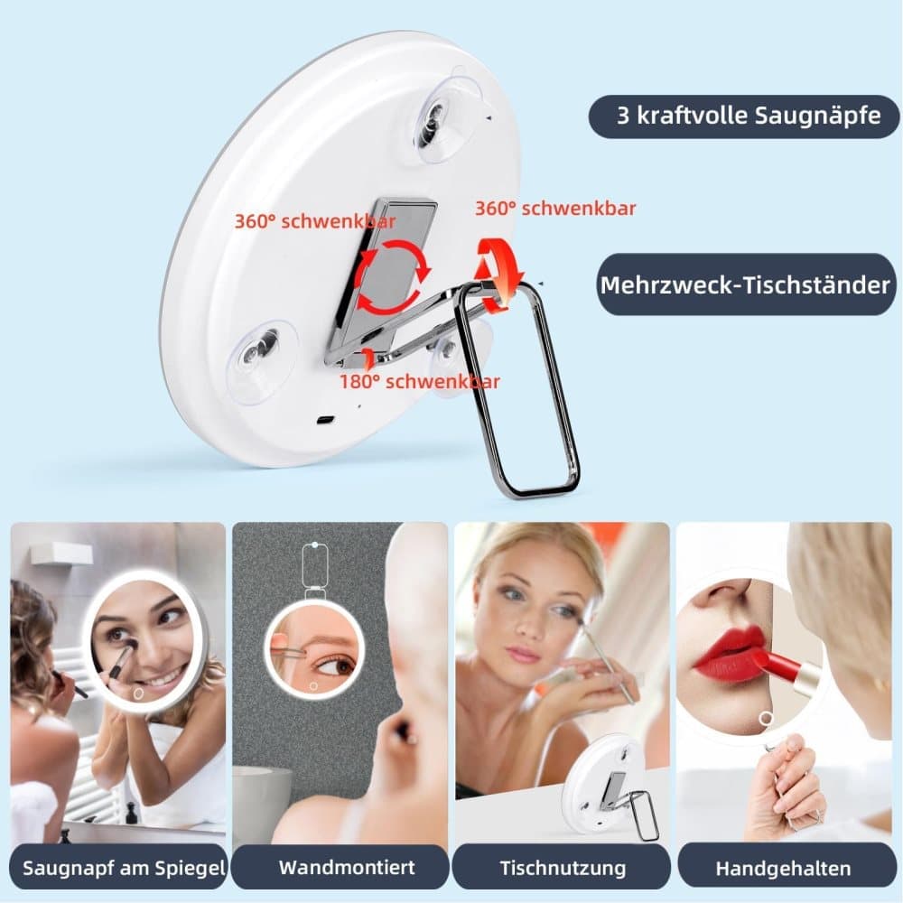 10X LED makeup mirror with lighting, 360 degrees rotatable dimmable with 3 light modes and magnification, V1188-MS-325-0638