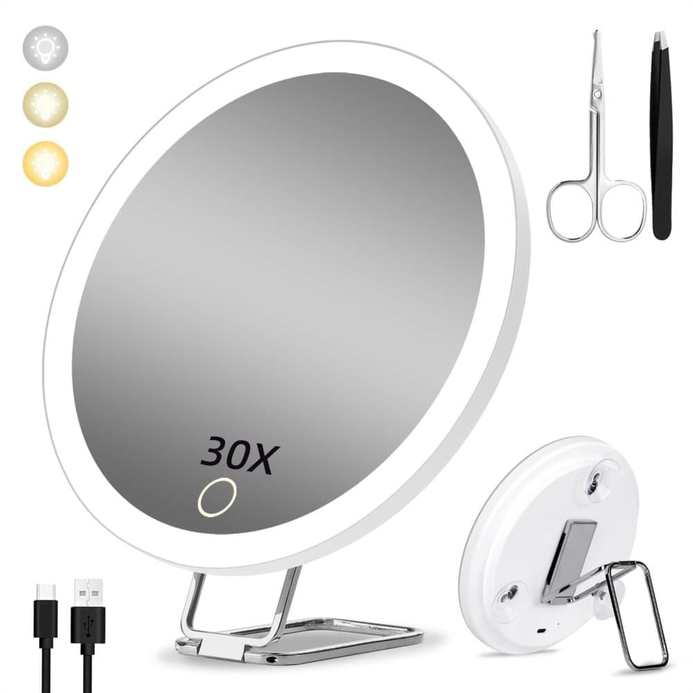 30X LED Makeup Mirror with Lighting, 360 degrees Rotatable Dimmable 3 Light Modes Magnification Suction Cup, V1188-MS-325-0641