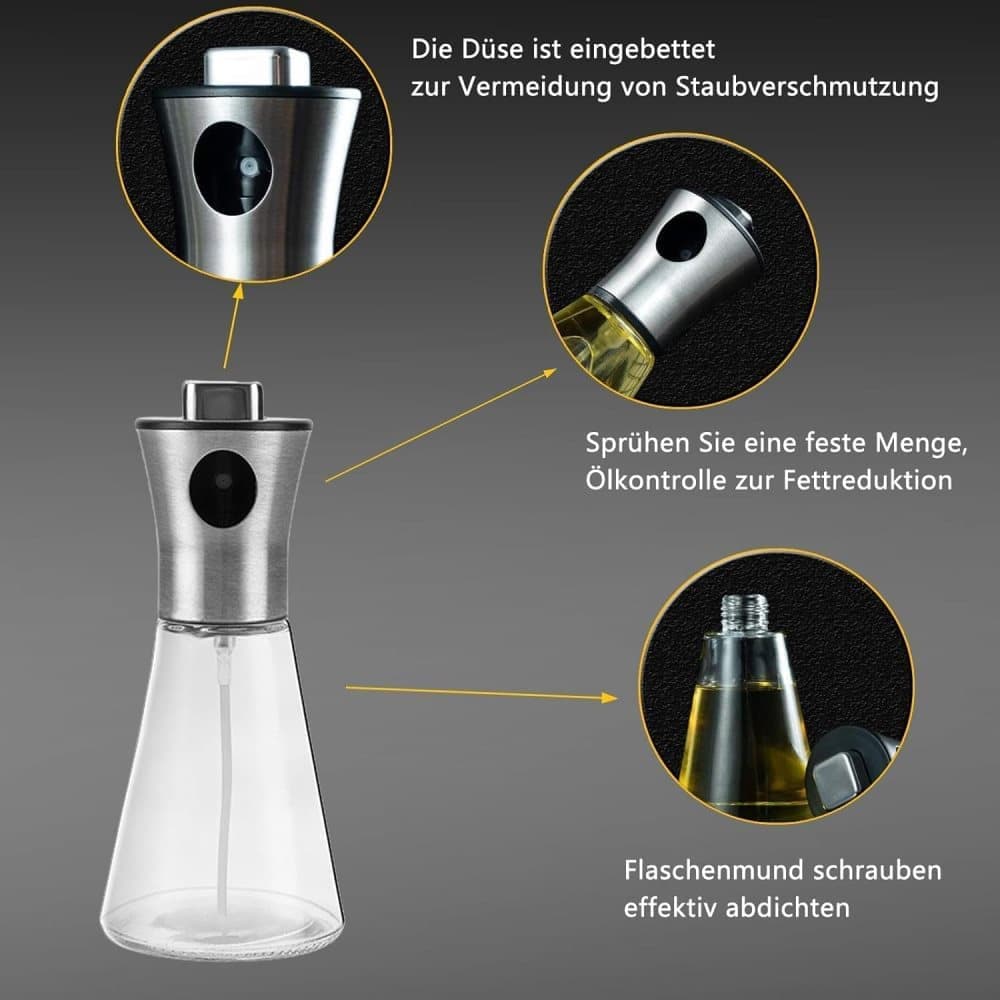 Stainless Steel and Glass Oil Spray Bottle 200 ml, Conical Design for Cooking Grilling Baking V1188-MS-325-0643