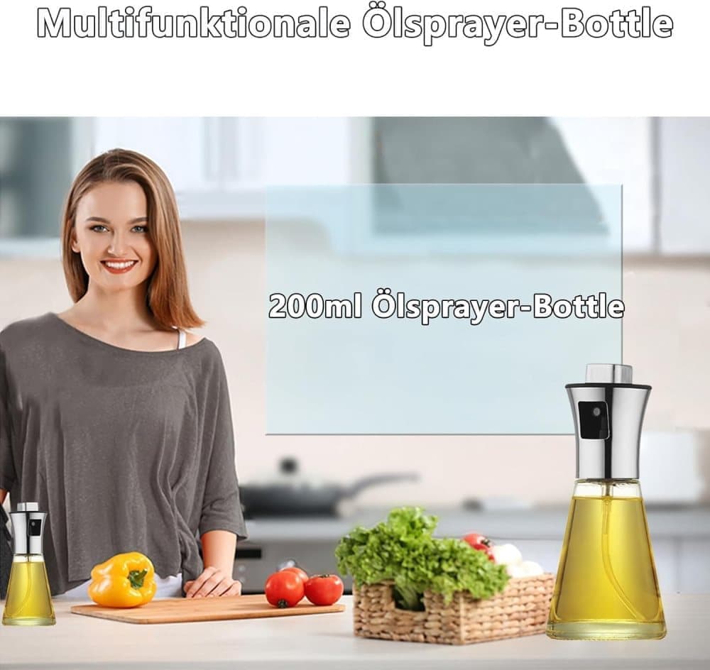 Stainless Steel and Glass Oil Spray Bottle 200 ml, Conical Design for Cooking Grilling Baking V1188-MS-325-0643